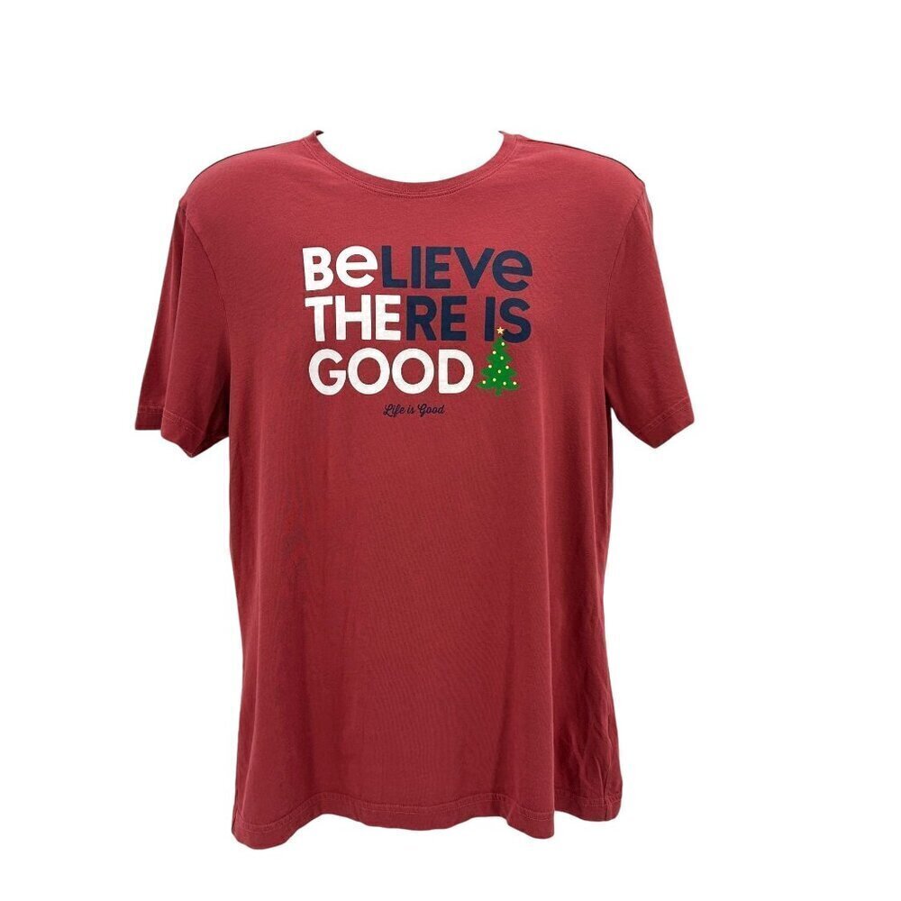 Life Is Good Believe There Is Good Christmas Red Graphic T-Shirt Mens Medium